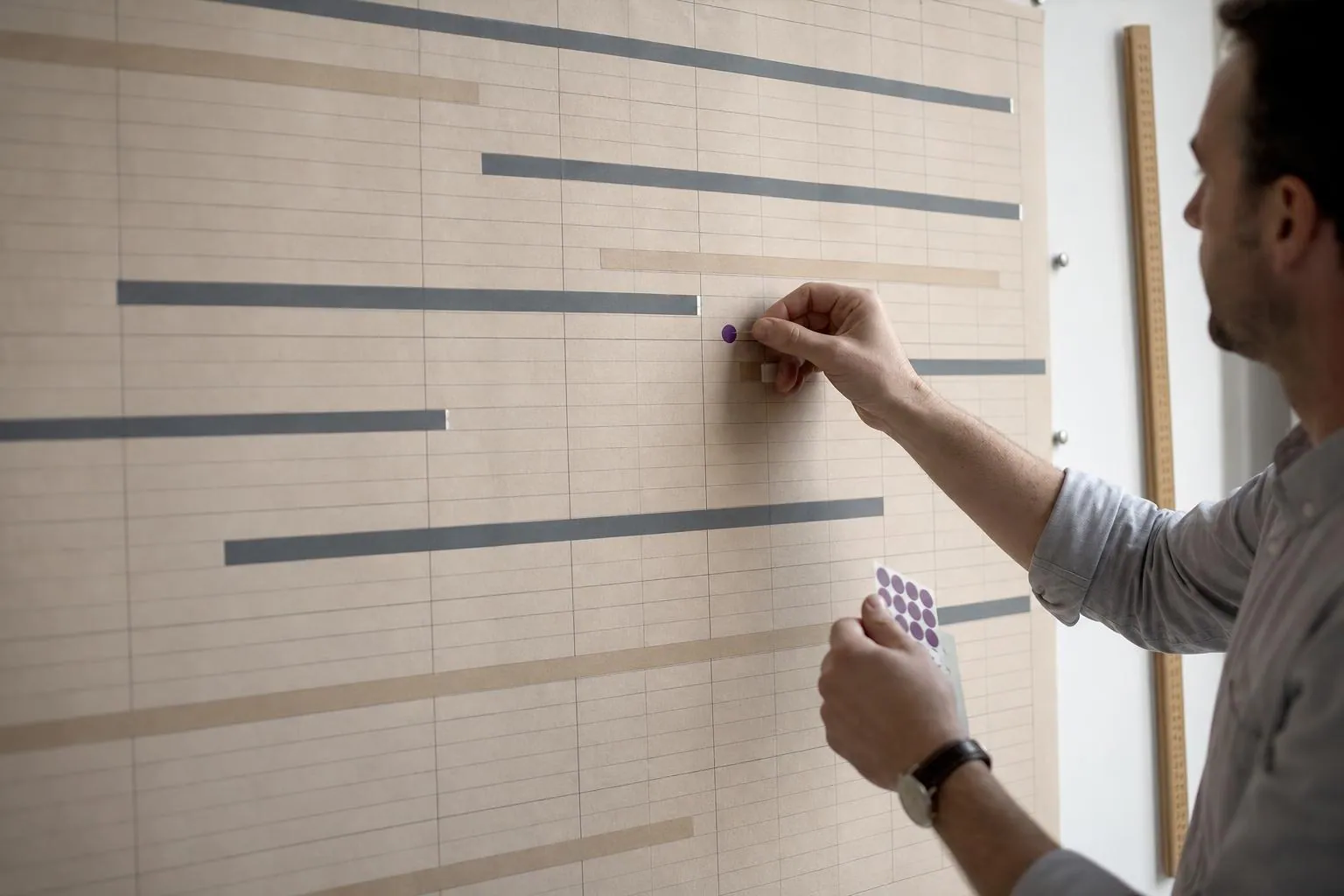 Un planning mural en papier couvert de bandes adhésives de couleur dans une agence, une main y place une pastille violette.
