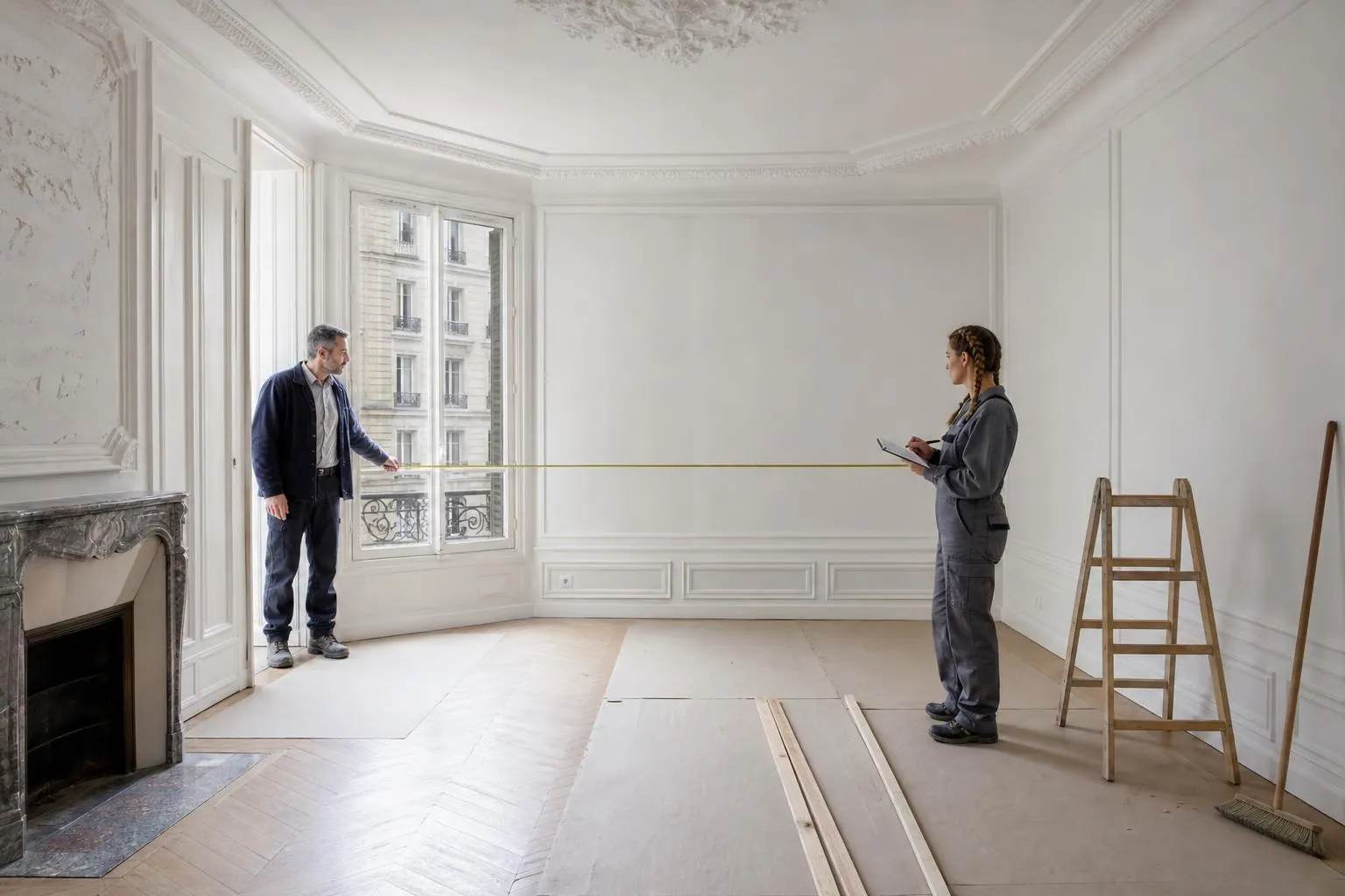 Un maître d’œuvre et une menuisière prennent des cotes au mètre ruban dans un salon haussmannien vide en cours de rénovation.