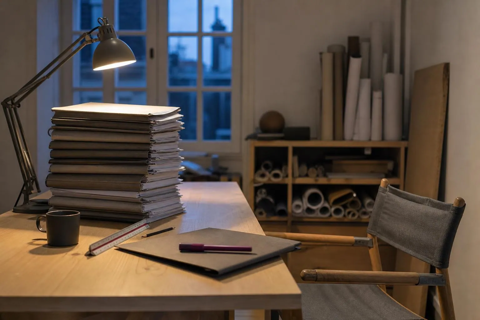 Un bureau d’agence en fin de journée, lampe d’architecte allumée au dessus d’une pile de dossiers, la chaise restée vide.