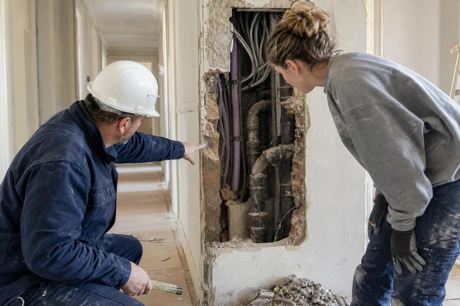 Un maître d’œuvre et un artisan observent une cloison ouverte laissant apparaître des réseaux non prévus, dans un appartement en rénovation.