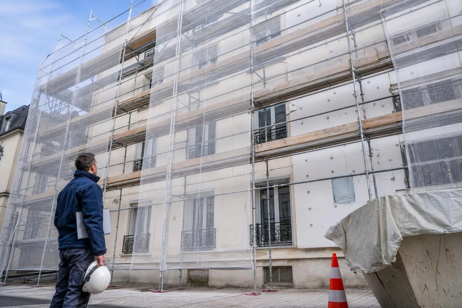 Façade d’immeuble de ville sous échafaudage lors de travaux d’isolation, un maître d’œuvre observe depuis le trottoir.