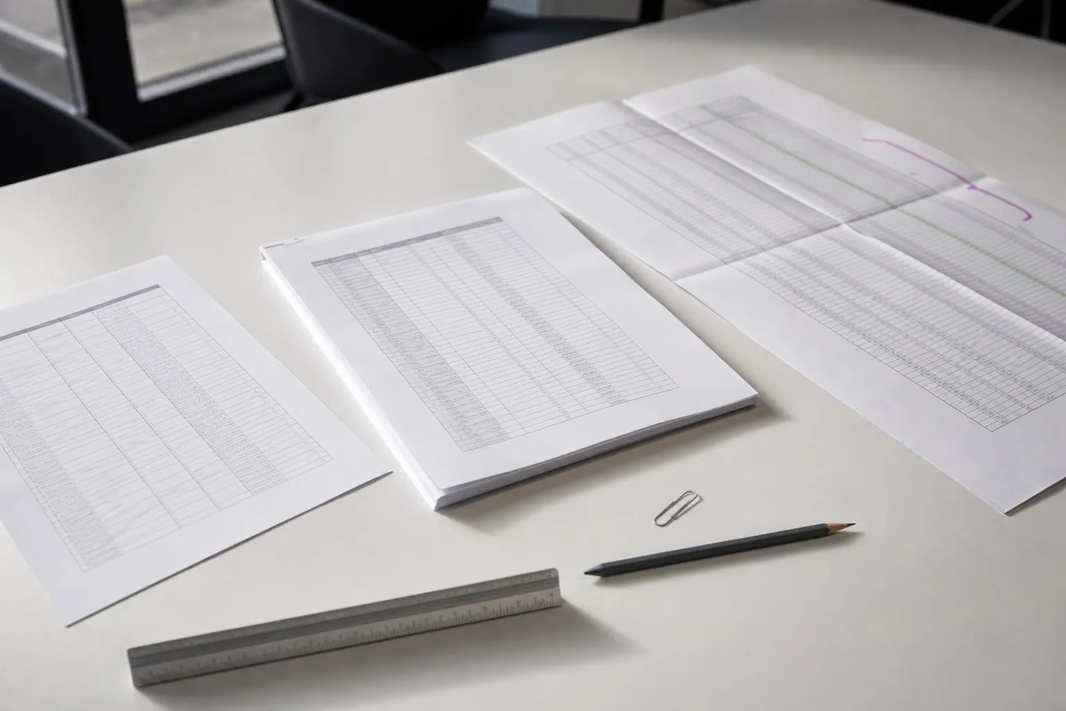 Trois présentations comparatives imprimées posées côte à côte sur une table blanche, une règle d’échelle en aluminium au premier plan.