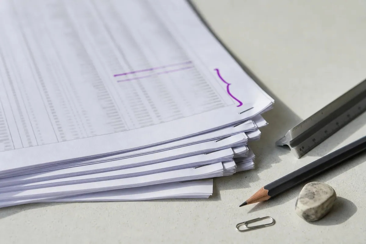Gros plan d’une pile de devis d’entreprises agrafés et annotés au feutre, posés sur une table blanche à côté d’une règle d’échelle et d’un crayon