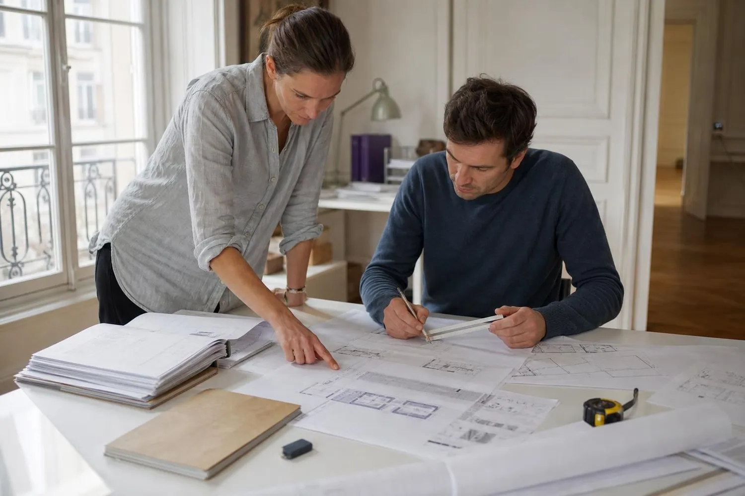 Deux maîtres d’œuvre penchés sur des offres d’entreprises étalées sur une table d’agence, une règle d’échelle et un plan de rénovation à côté d’eux