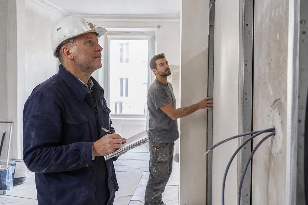 Maître d’œuvre en visite de chantier de rénovation notant un relevé devant une cloison de plâtre en cours de reprise, un artisan à proximité